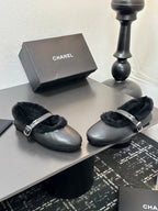 CC 2025 Puffer Ballet Flat With Strap Black Sheepskin Fur 529346