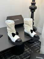 CC Coco Neige 2025/26 Low-cut Boots Black White Shearling Lambskin Patent Leather 529341
