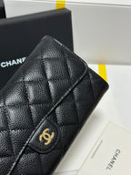 CC Classic Long Flap Wallet Black Quilted Caviar Gold Buckle 243676