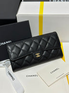 CC Classic Long Flap Wallet Black Quilted Caviar Gold Buckle 243676