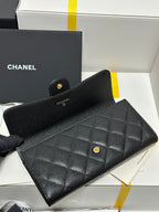 CC Classic Long Flap Wallet Black Quilted Caviar Gold Buckle 243676