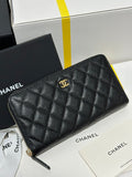 CC Long Zipped Wallet Black Quilted Caviar Gold Buckle 243681
