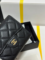 CC CClassic Small Flap Wallet Black Quilted Caviar Gold Buckle 243686