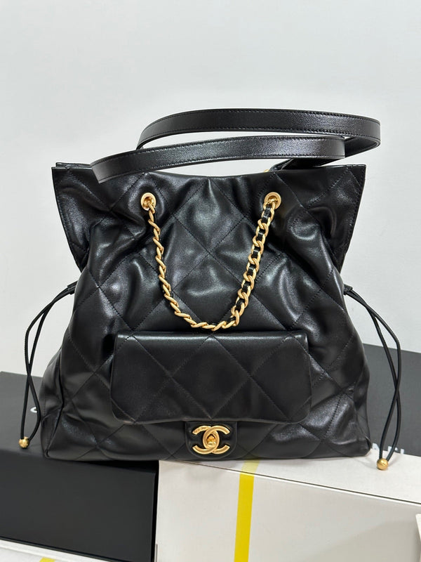 CC 25C Drawstring Backpack Black Lambskin Gold Hardware 243655