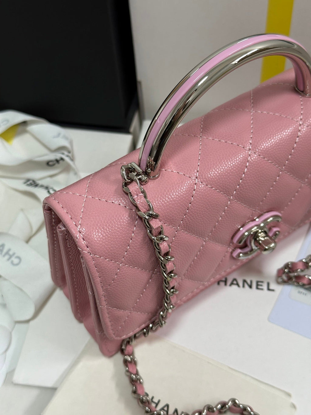 CC 25P Wallet Woc Handle 17cm Pink Pastel Leather Silver Hardware 243439