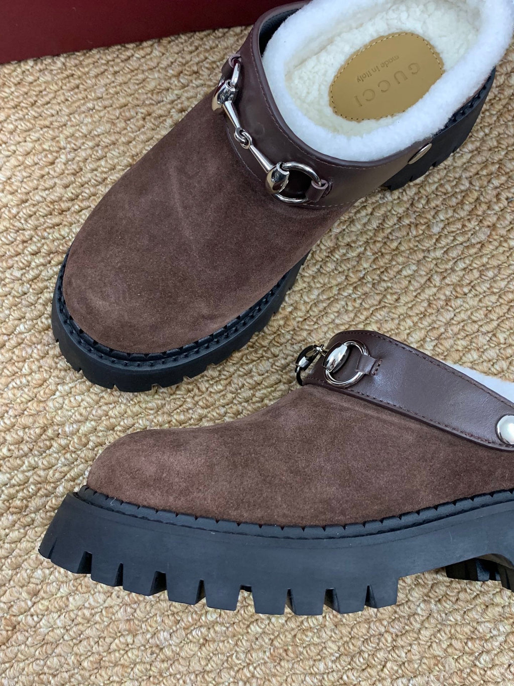 Gucci FW 25 Horsebit Suede Clog Brown Suede with Shearling 506448
