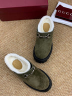 Gucci FW 25 Horsebit Suede Clog Dark Green Suede with Shearling 506446