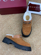 Gucci FW 25 Horsebit Suede Clog Camel Suede with Shearling 506444
