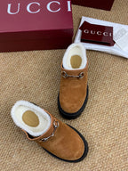 Gucci FW 25 Horsebit Suede Clog Camel Suede with Shearling 506444