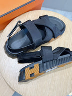 HM ELECTRIC SANDAL BLACK FABRIC AND CALFSKIN
