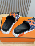HM SLIPPERS BLACK AND NAVY MONOGRAM CANVAS