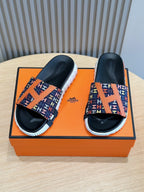 HM SLIPPERS BLACK AND NAVY MONOGRAM CANVAS