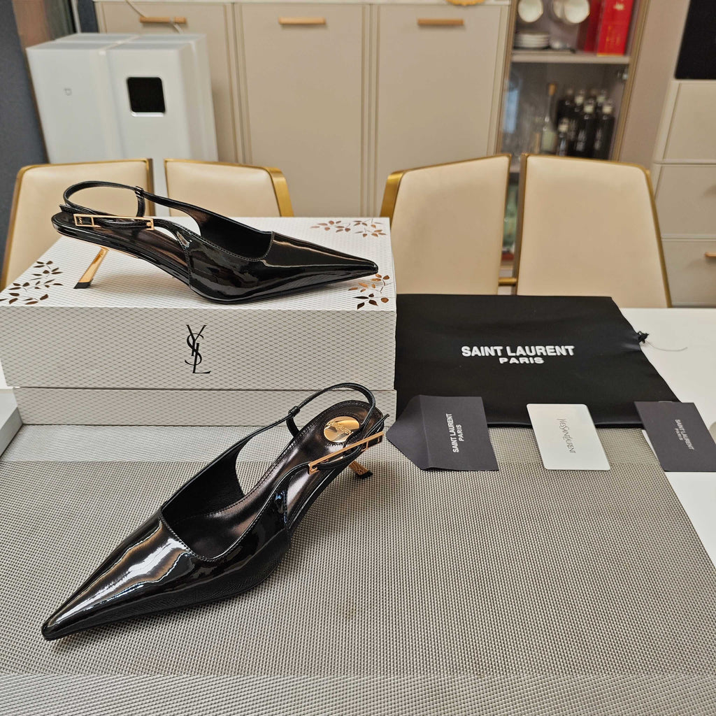 YSL Babylone Slingback 5.5cm Black Glossy Leather