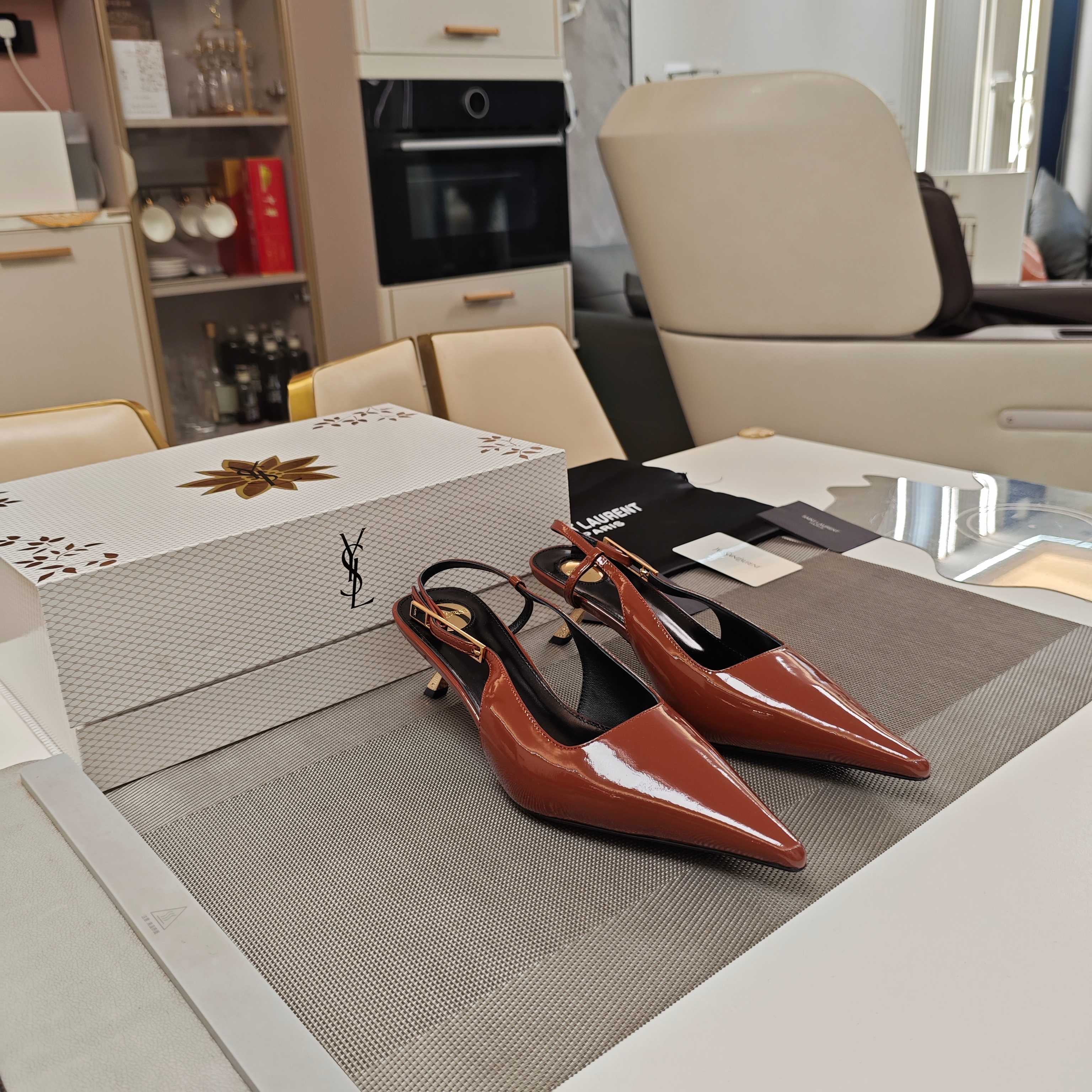 YSL Babylone Slingback 5.5cm Brown Glossy Leather