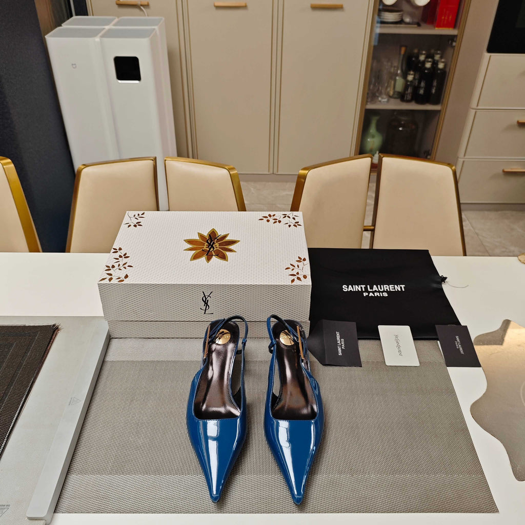 YSL Babylone Slingback 5.5cm Dark Blue Glossy Leather