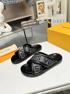 lv bliss cross sandal mule black textile calfskin