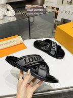 lv bliss cross sandal mule black textile calfskin