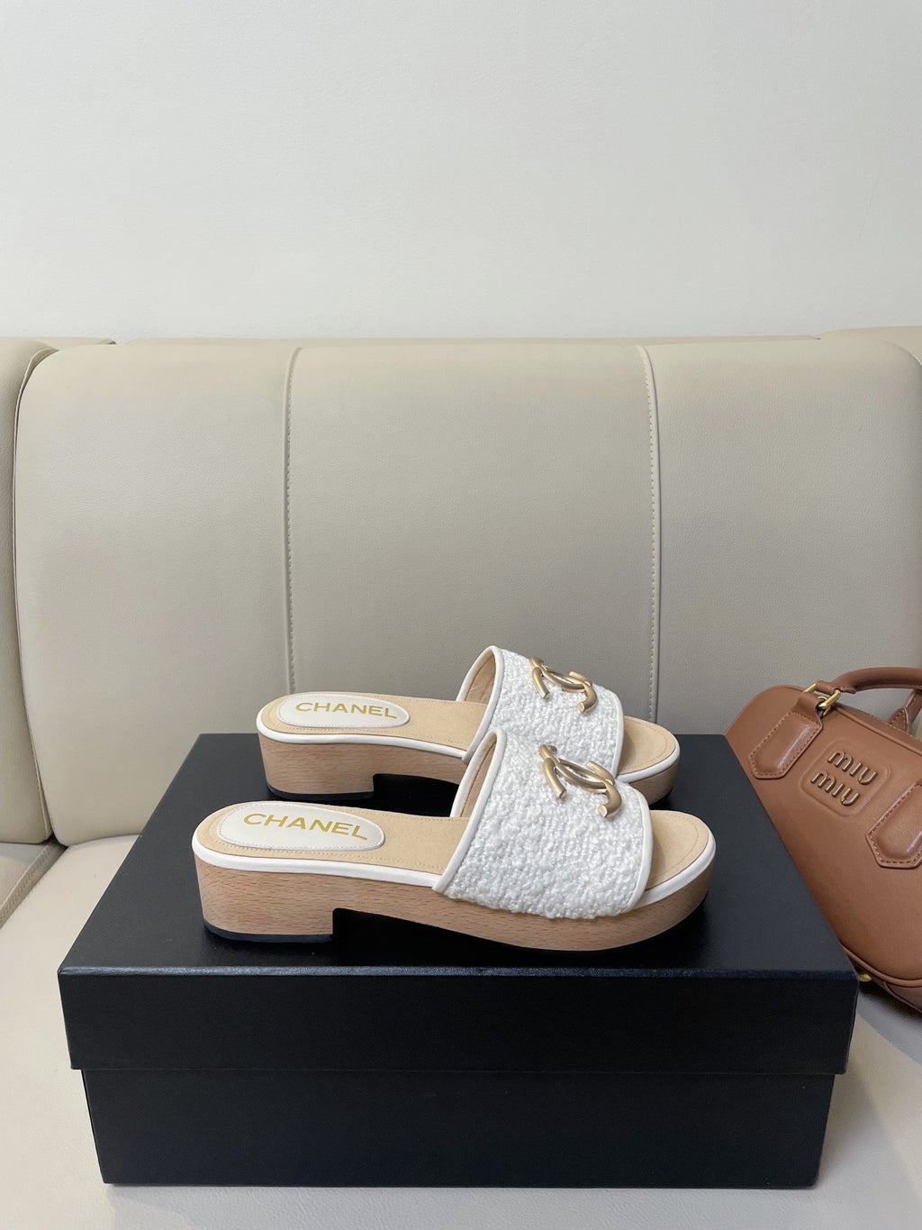 cc mule sandal 45 white tweed beige calfskin