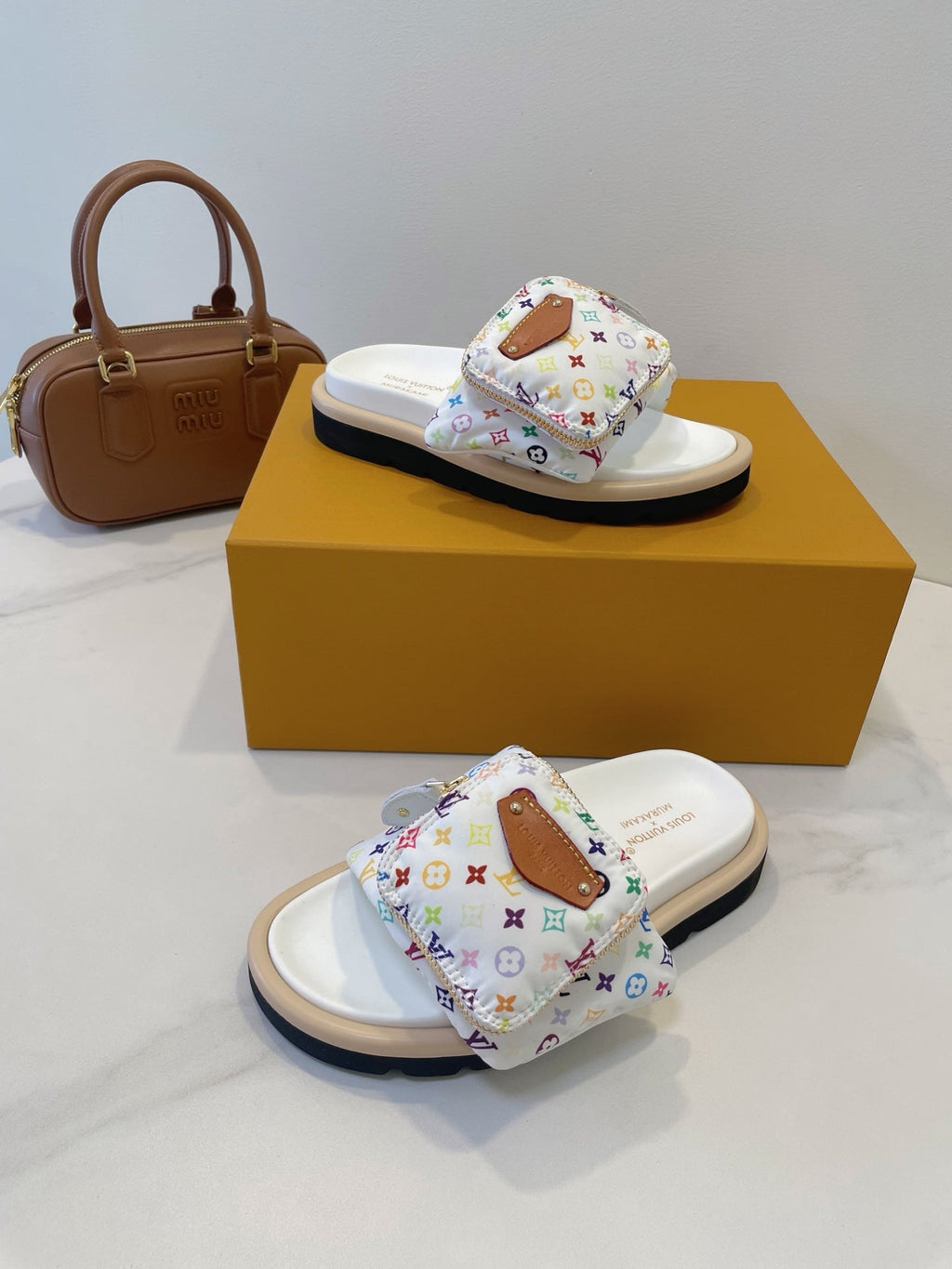 LV x TM Pool Pillow Flat Comfort Mule White and Multicolored Monogram Nylon 241328
