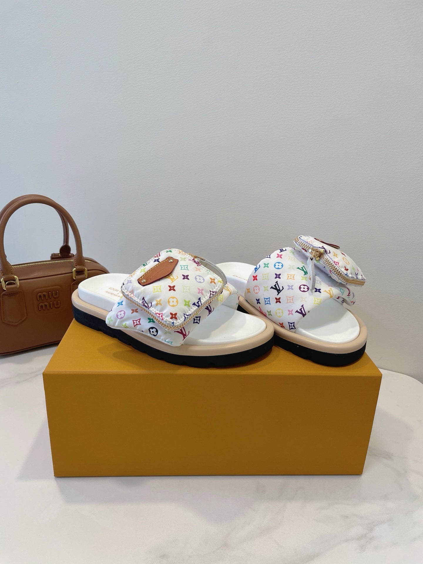 LV x TM Pool Pillow Flat Comfort Mule White and Multicolored Monogram Nylon 241328