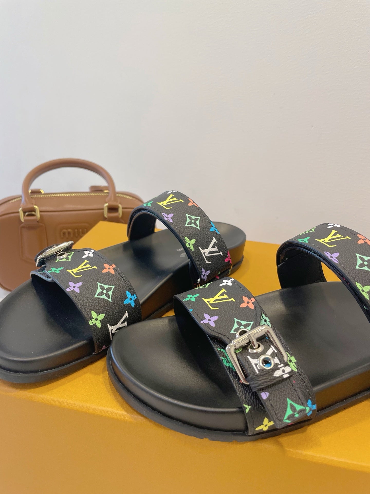 Bom Dia Flat Comfort Mule Black and Multicolored Monogram Canvas 241333