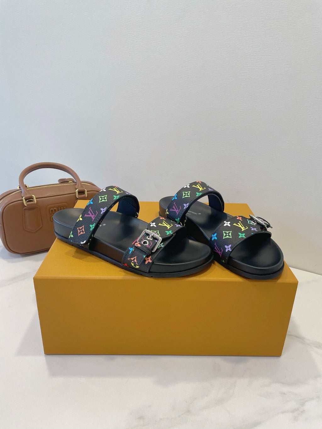 Bom Dia Flat Comfort Mule Black and Multicolored Monogram Canvas 241333