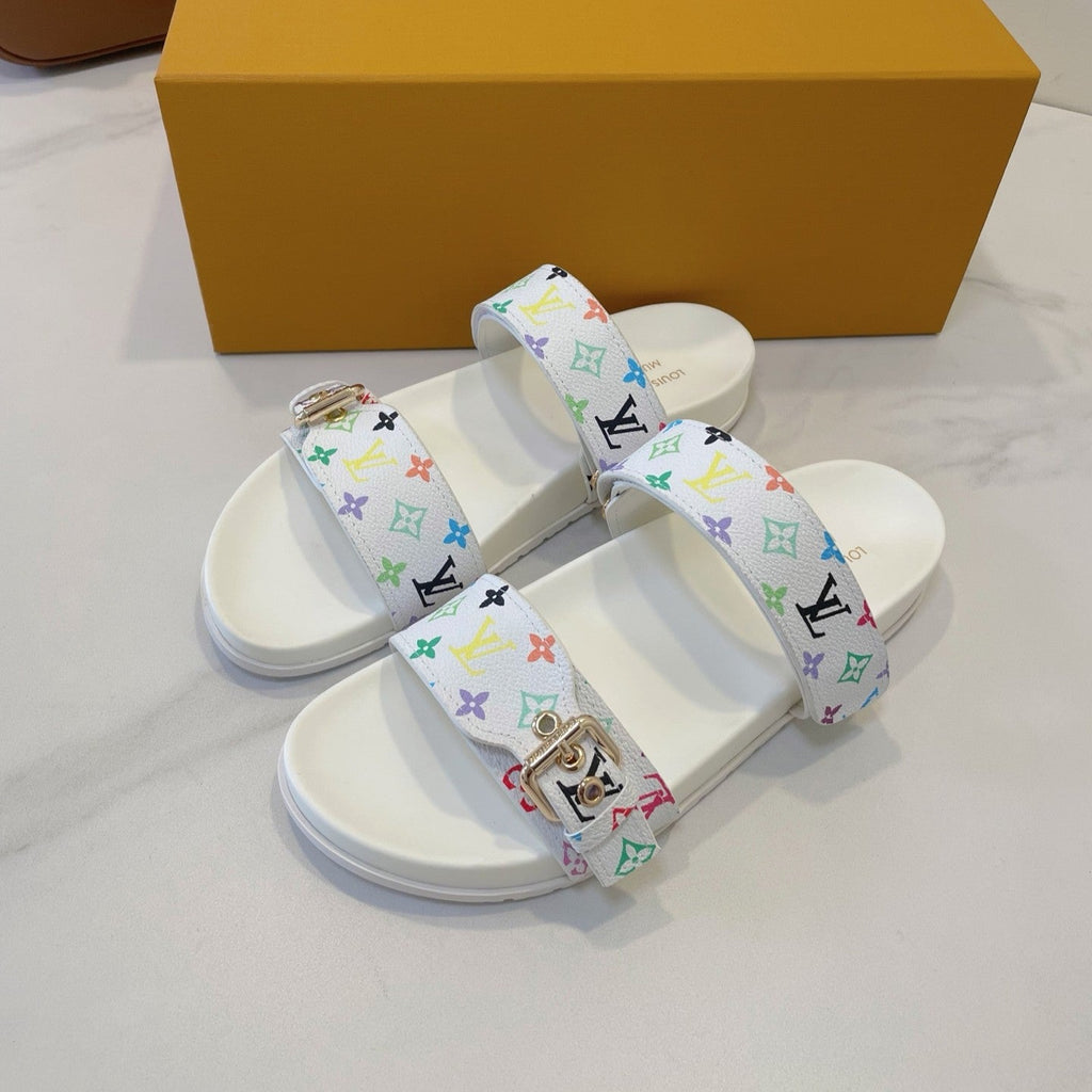 Bom Dia Flat Comfort Mule White and Multicolored Monogram Canvas 241334
