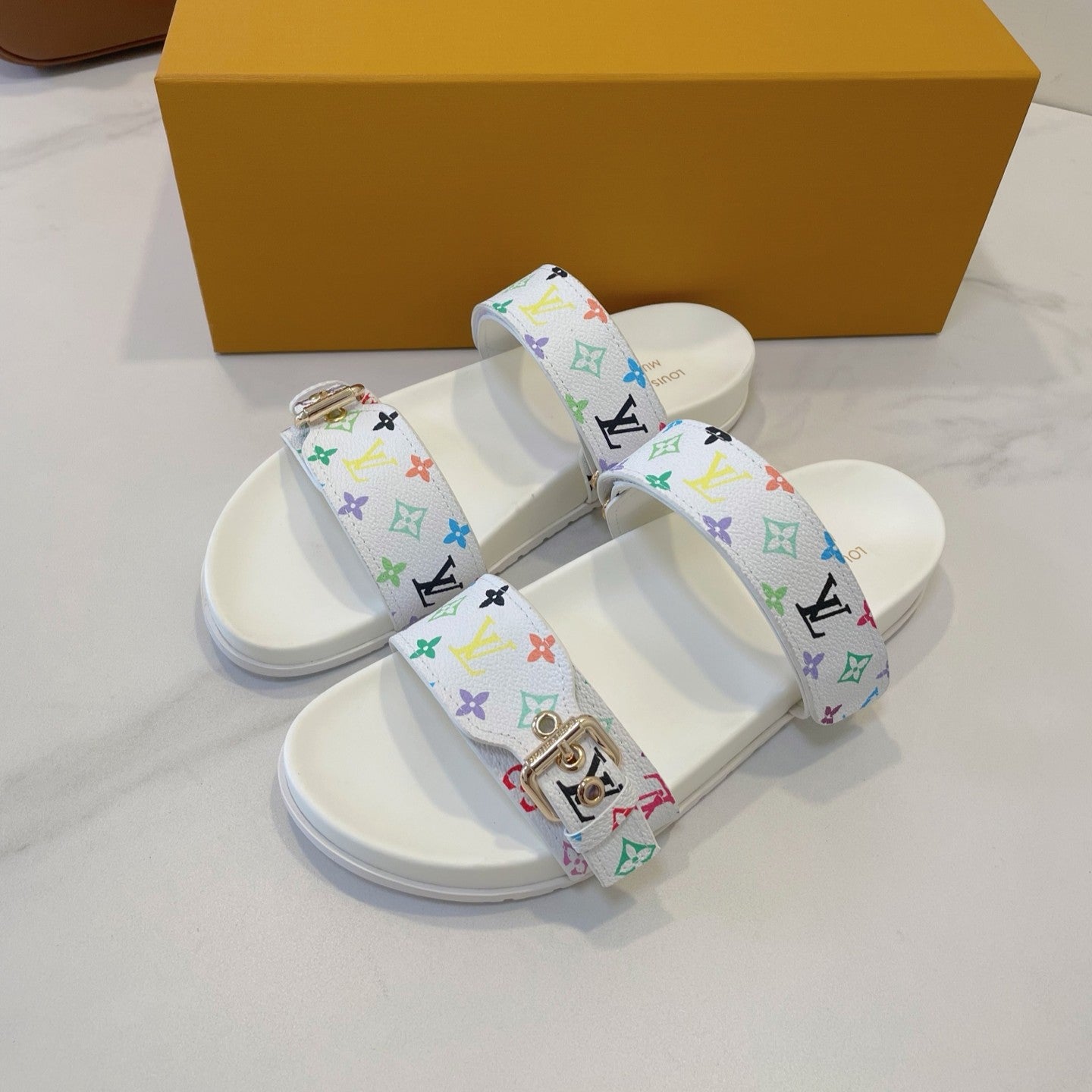 Bom Dia Flat Comfort Mule White and Multicolored Monogram Canvas 241334