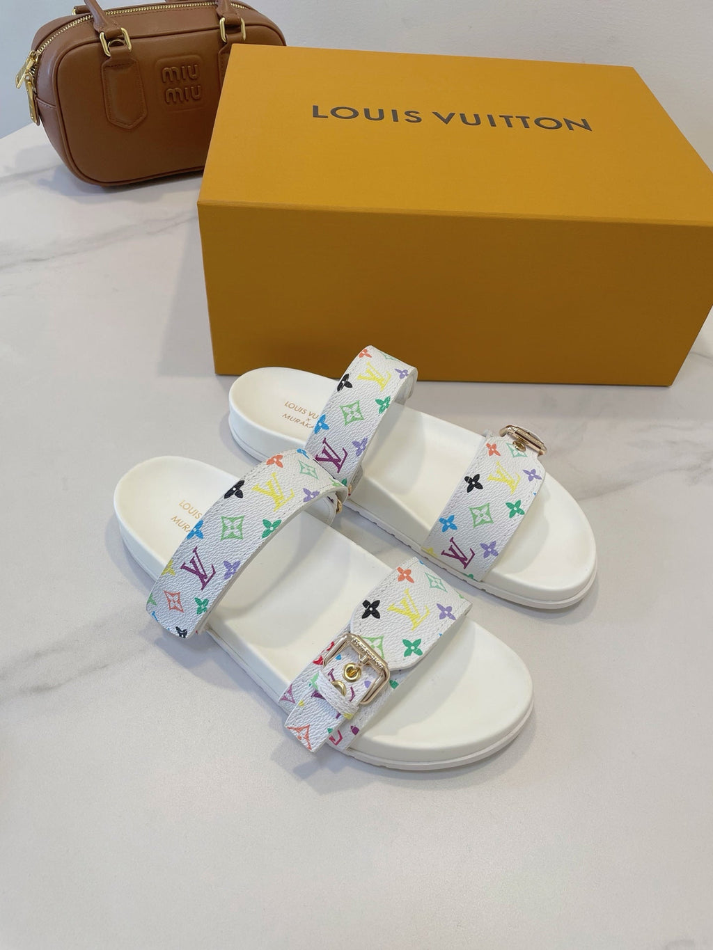 Bom Dia Flat Comfort Mule White and Multicolored Monogram Canvas 241334