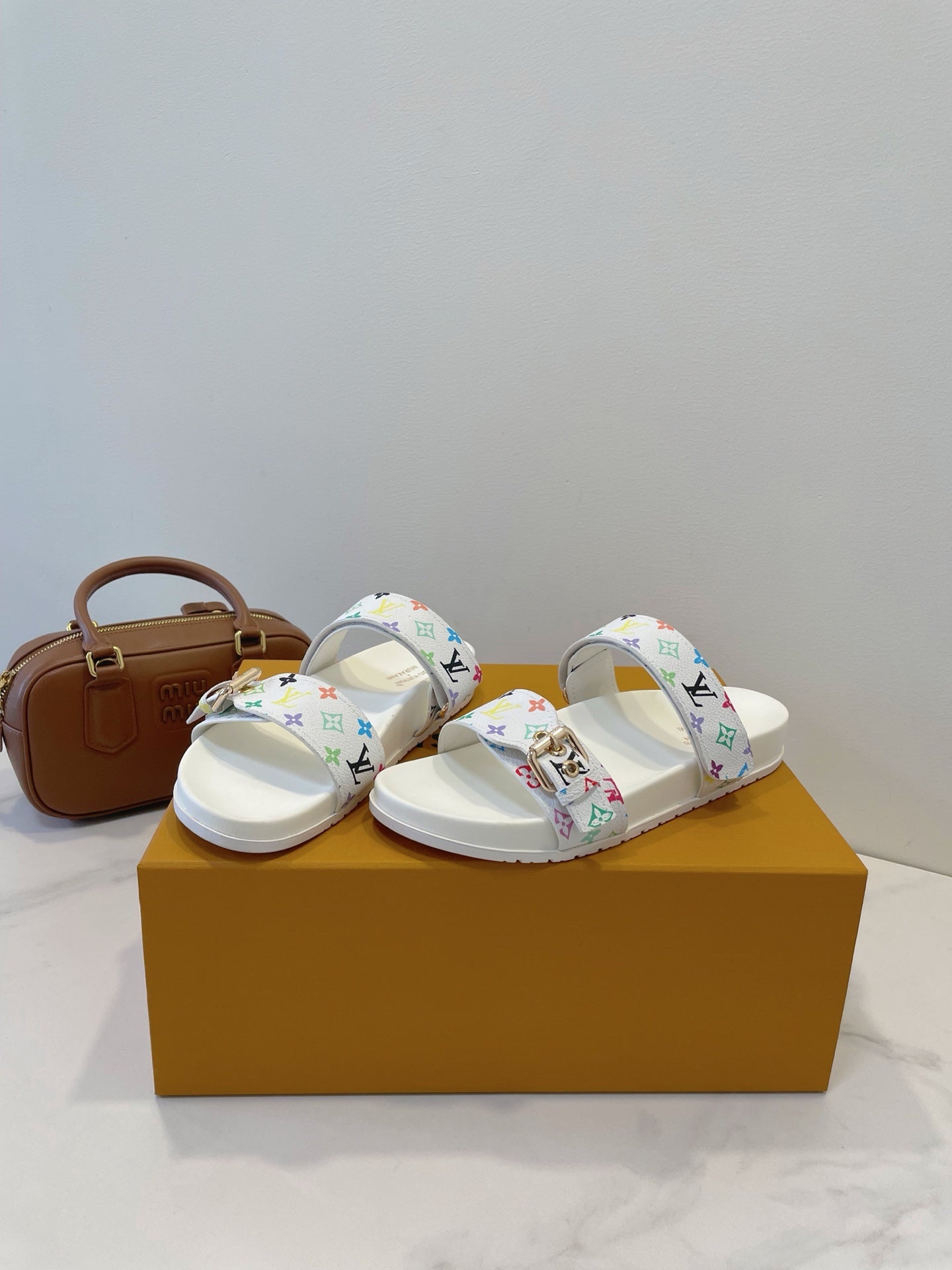 Bom Dia Flat Comfort Mule White and Multicolored Monogram Canvas 241334