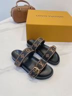 Bom Dia Flat Comfort Mule Brown Black Monogram Embossed Print Classic 241335
