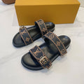 Bom Dia Flat Comfort Mule Brown Black Monogram Embossed Print Classic 241335