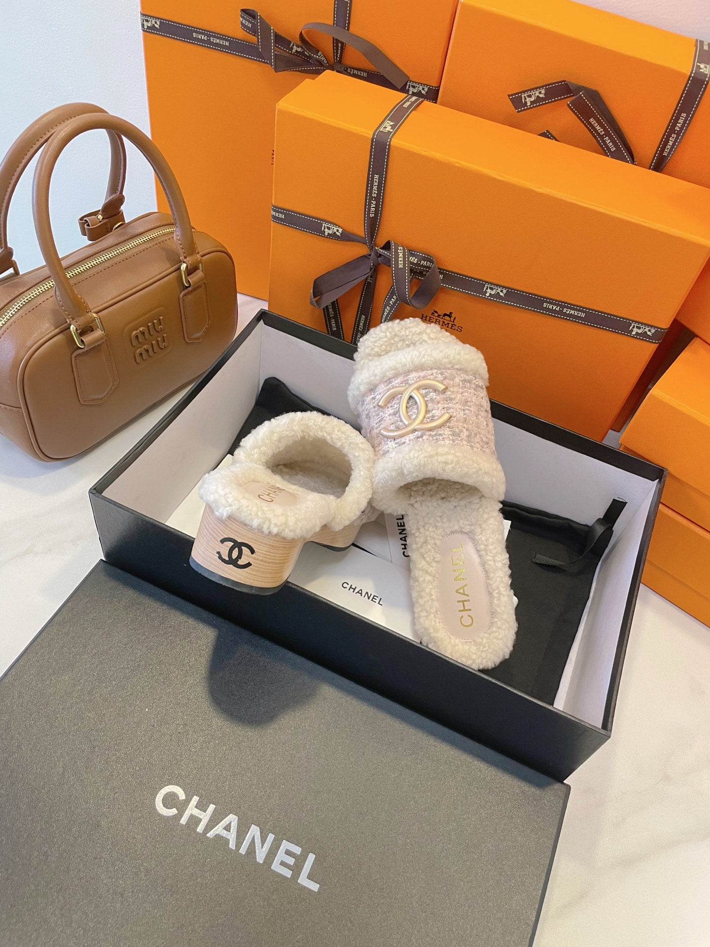 CC 25C Logo Slippers 50mm Multicolor Shearling Wood 423698