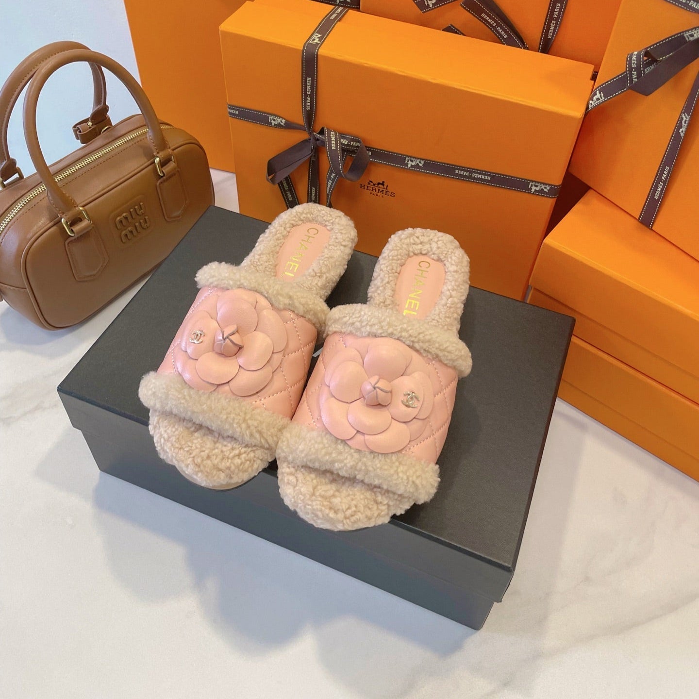 CC 25C Flower Slippers 50mm Pink Shearling Wood Sheepskin 423697