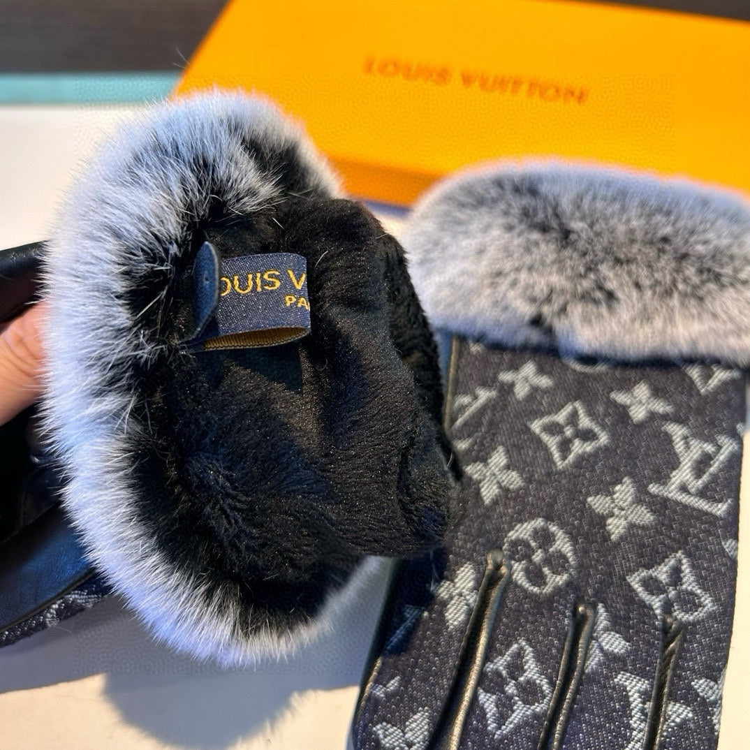 FINGERLESS GLOVES IN BLACK MONOGRAM DENIM AND LAMBSKIN WITH RABBIT FUR 458590