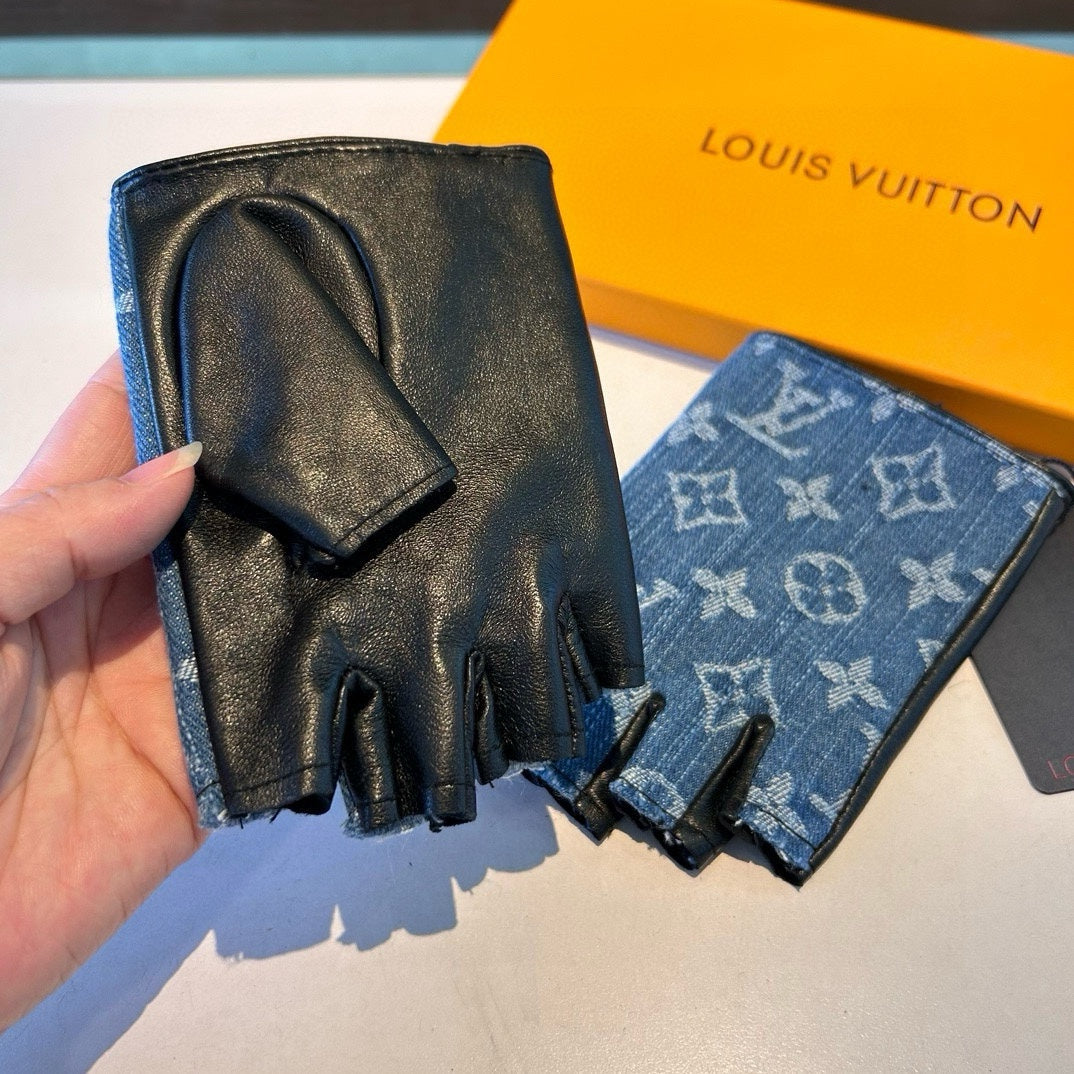 FINGERLESS GLOVES IN ELECTRIC BLUE MONOGRAM DENIM AND BLACK LAMBSKIN 460107