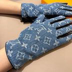 GLOVES IN ELECTRIC BLUE MONOGRAM DENIM AND BLACK LAMBSKIN 460110