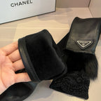 FINGERLESS LONG GLOVES IN BLACK LAMBSKIN WITH RABBIT FUR 465799