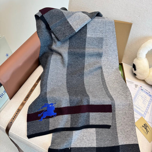 BBR Classic Embroidered Scarf 185CM Gray Black Cashmere 292807