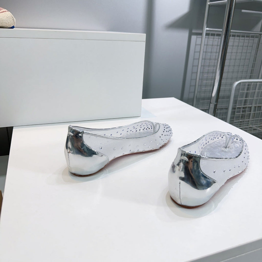 CL x Maison Margiela Ballerina Flats White Mesh Sliver Leather