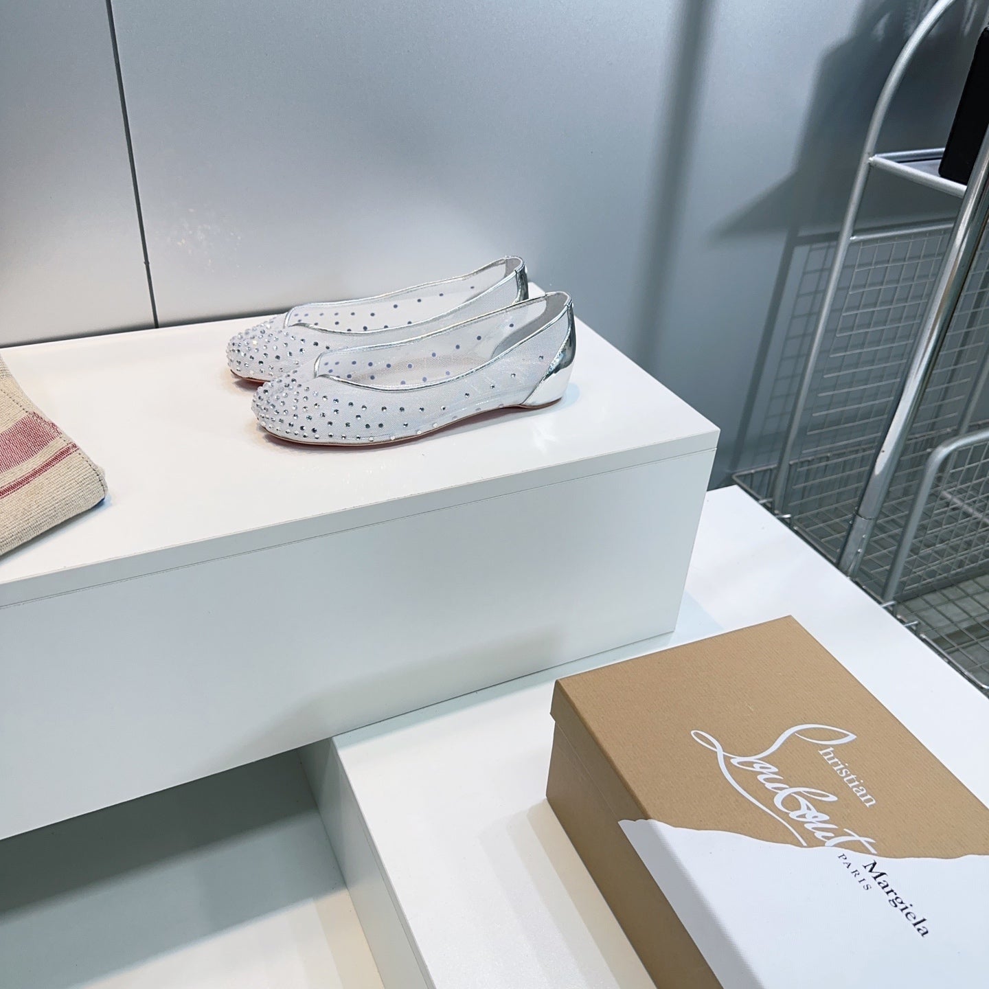 CL x Maison Margiela Ballerina Flats White Mesh Sliver Leather