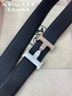 HM H BELT BUCKLE & REVERSIBLE BLACK LEATHER STRAP 38MM SILVER HARDWARE