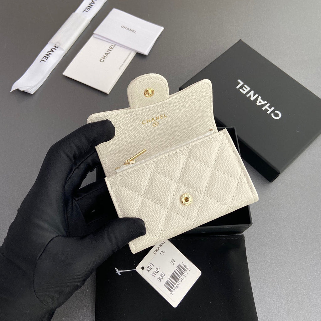 CC Zipper Flap Card Holder White Caviar GHW 234669