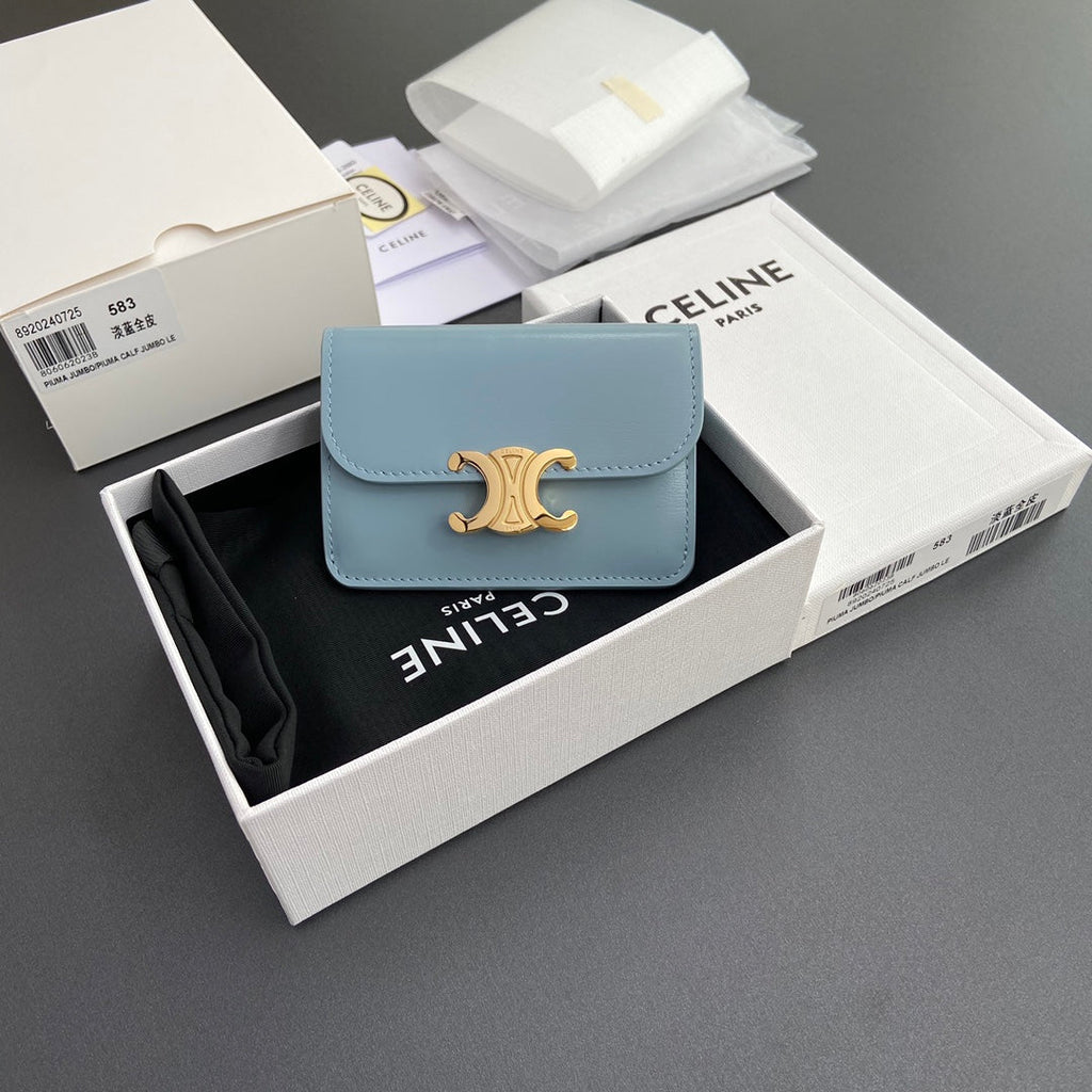 TRIOMPHE 10i583 Flap Card Holder Blue Shiny Cowhide
