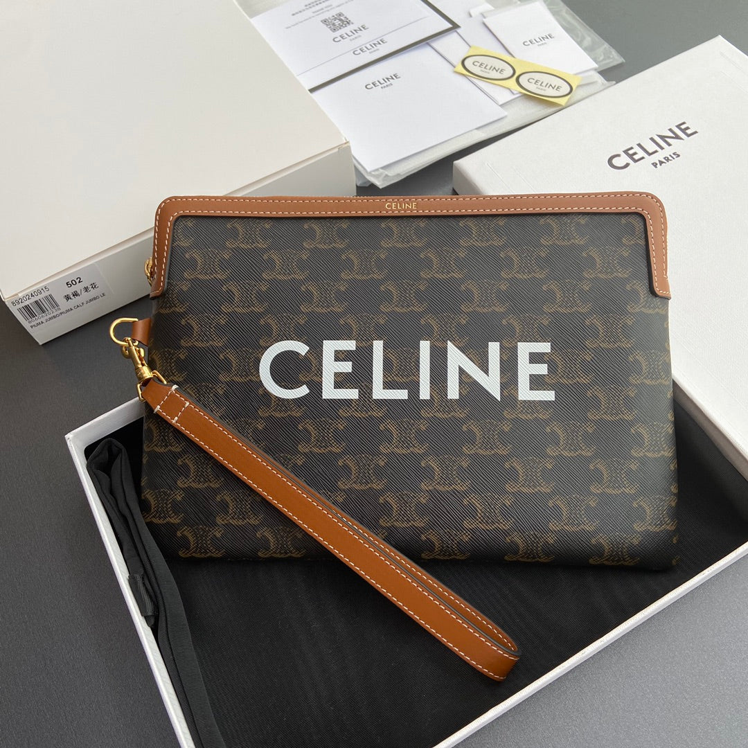 TRIOMPHE Celine Print Small Pouch Tan Cowhide&Canvas