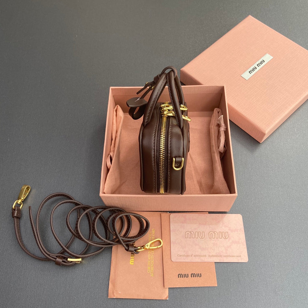 MICRO BAG KEYCHAIN 11 IN ROCK BROWN CALFSKIN EMBOSSED LOGO
