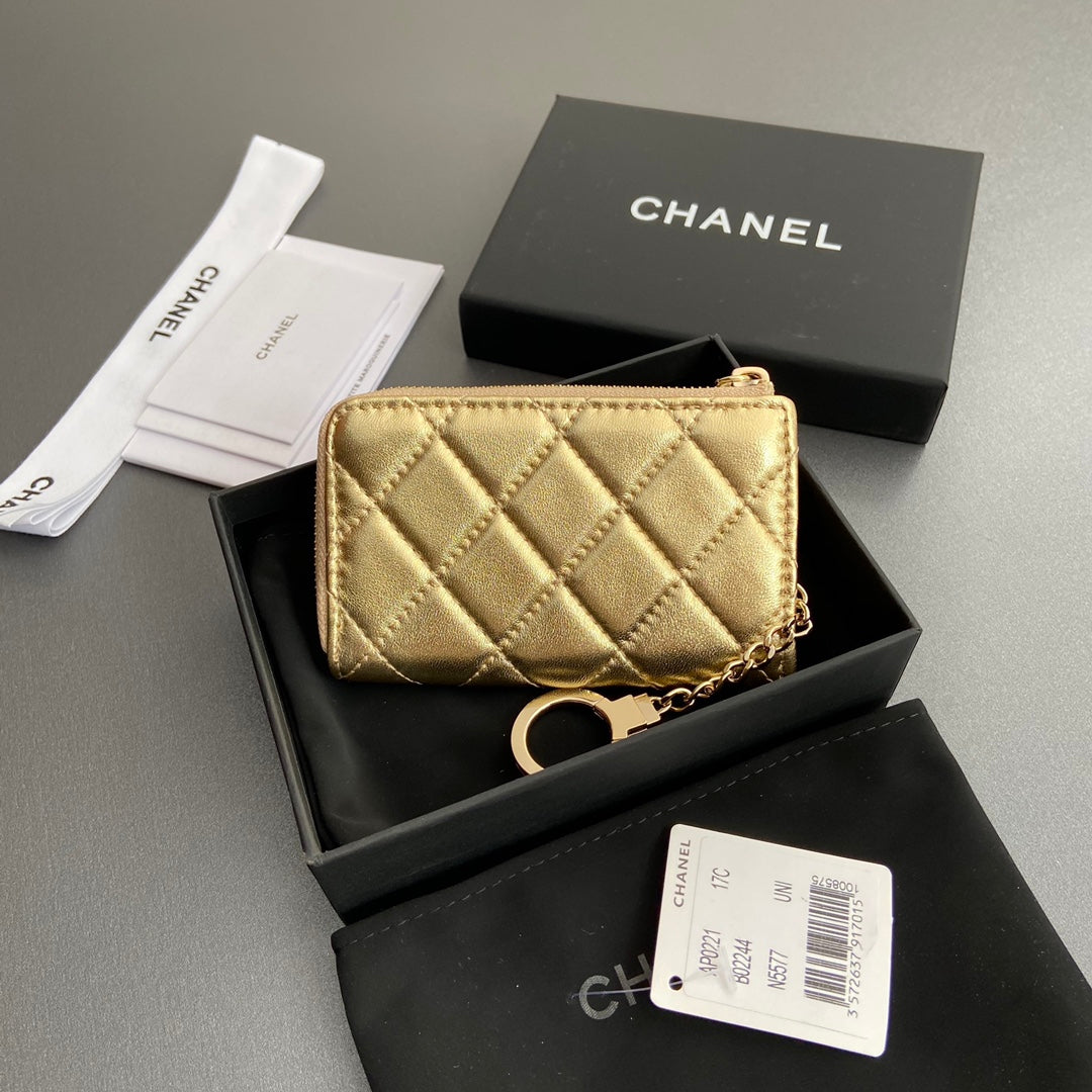 CC Hook & Chain Zipper Card Holder Gold Sheepskin GHW 234721