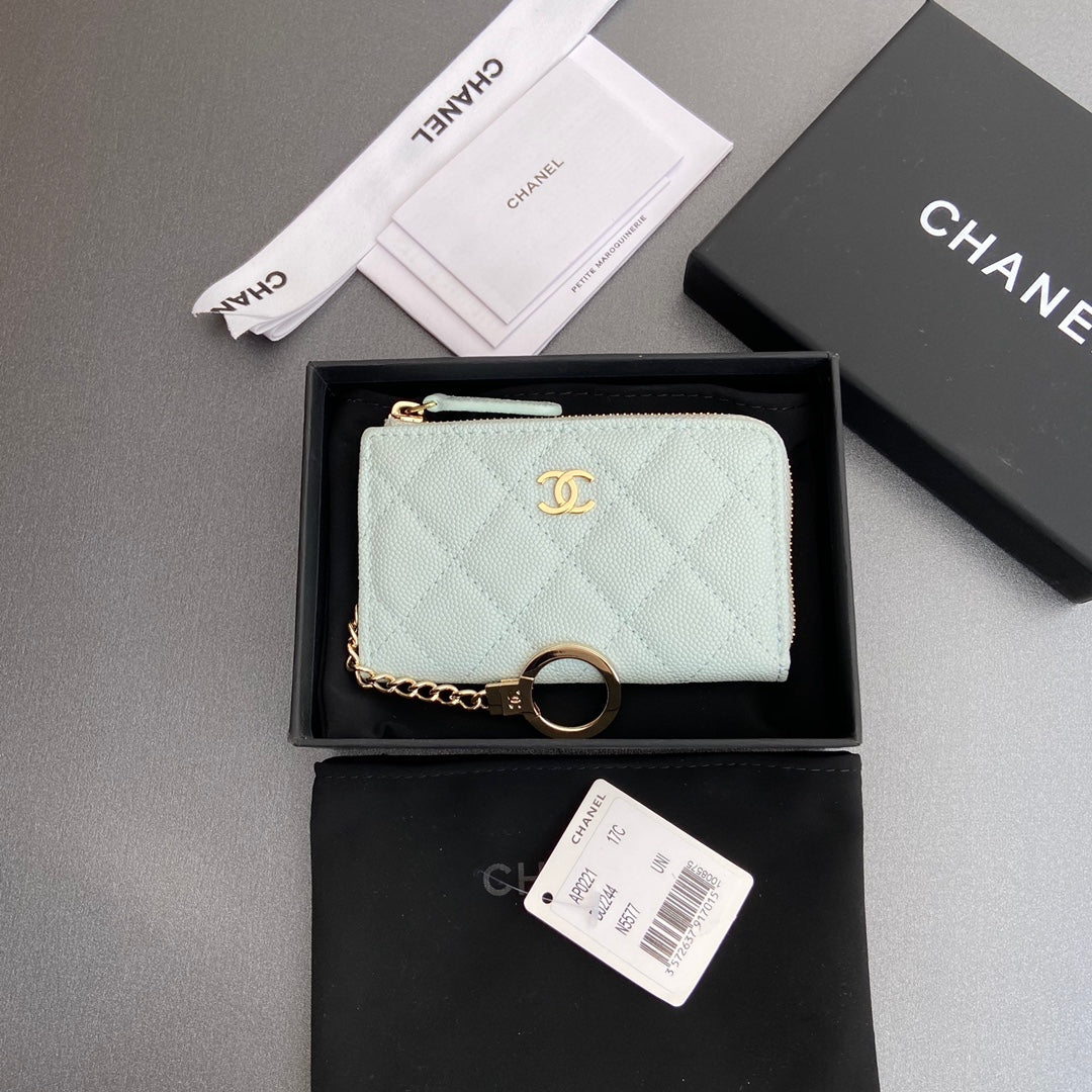 CC Hook & Chain Zipper Card Holder Light Blue Caviar GHW 234723