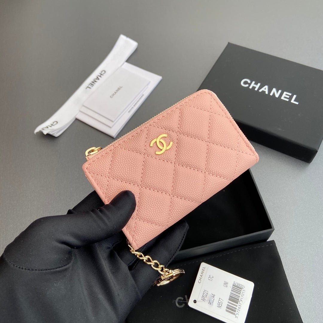CC Hook & Chain Zipper Card Holder Light Pink Caviar GHW 234725