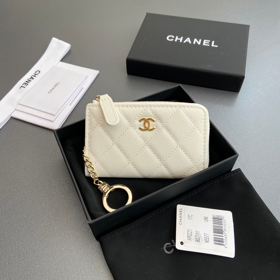 CC Hook & Chain Zipper Card Holder White Caviar GHW 234729